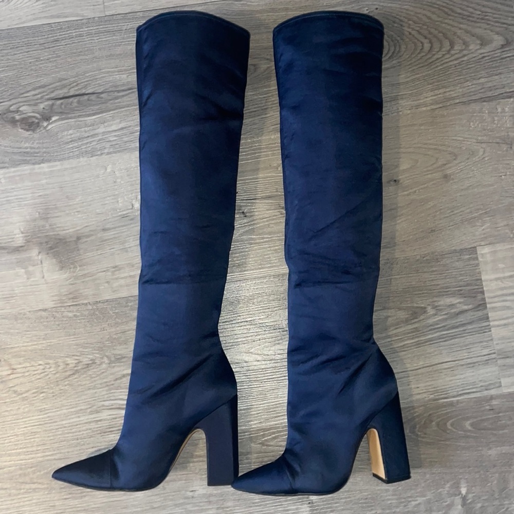 Zara blue satin knee high boots! So chic! Been worn.